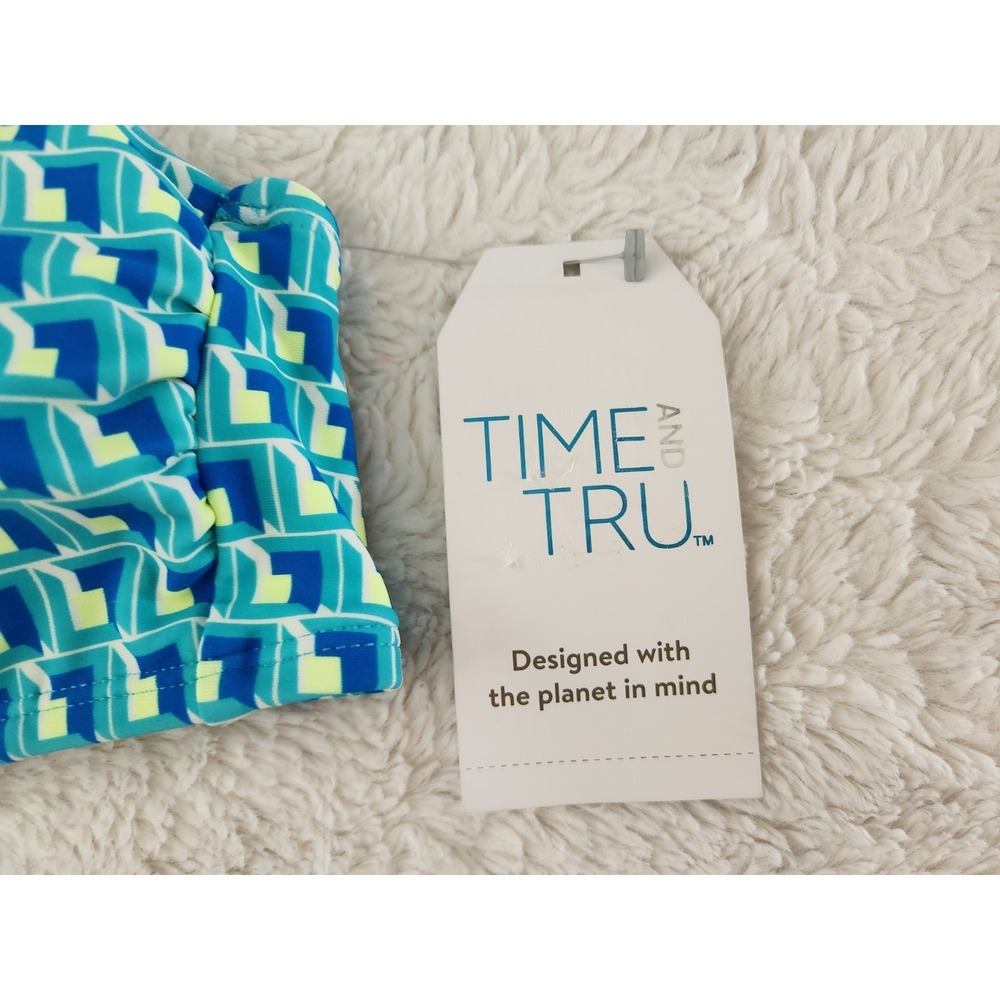 Time and Tru Bikini Swim Top L 12-14 NWT Blue Green Geometric Bandeau Swimwear - Picture 3 of 7